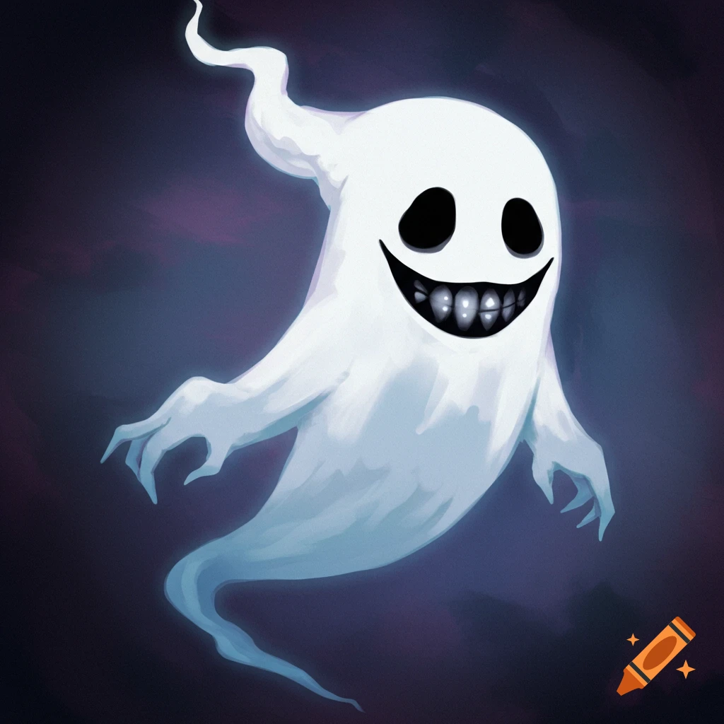 A stylized white cartoon ghost with black eyes and a wide, toothy grin floats on a dark background.