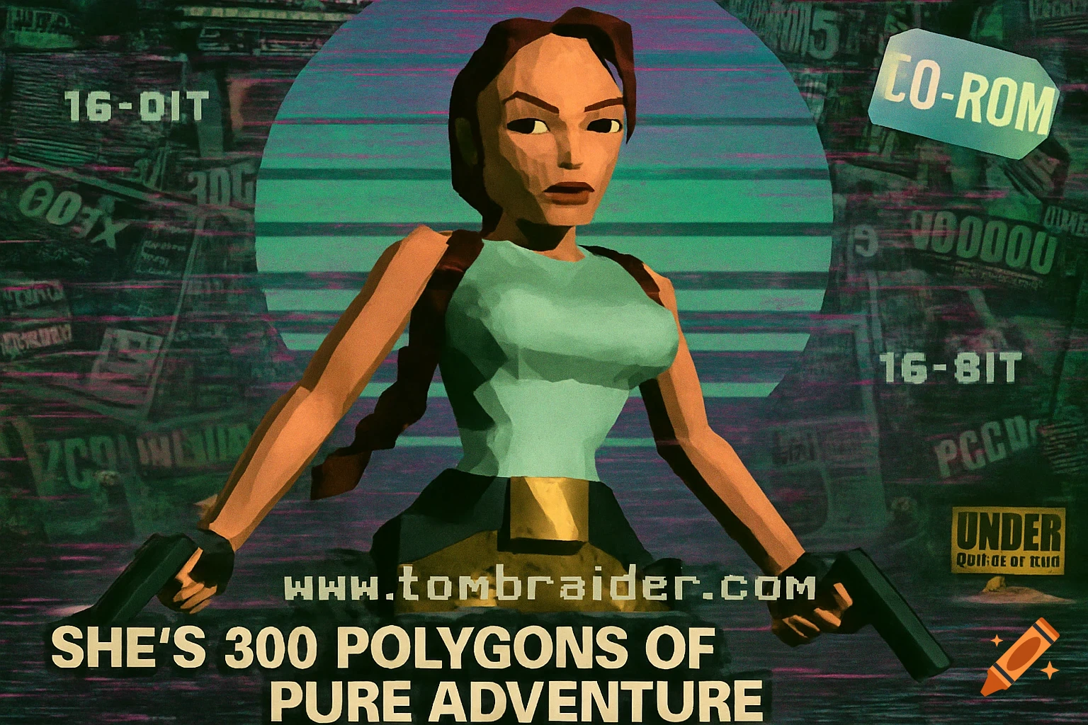 Retro PS1 style poster featuring low-polygon Lara Croft holding pistols, with text overlay.