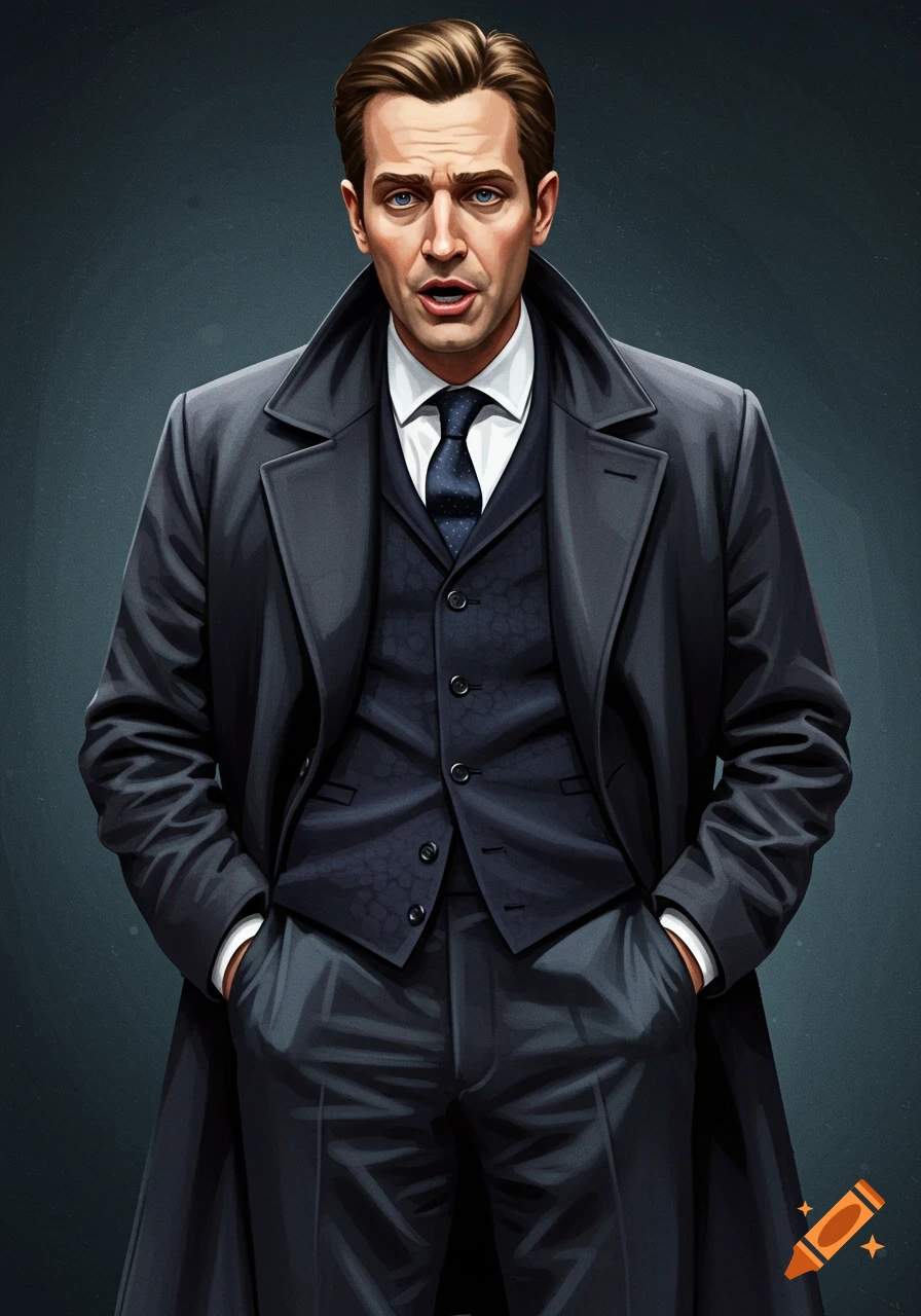 A man in a dark suit and coat with his hands in his pockets looks ahead with parted lips.