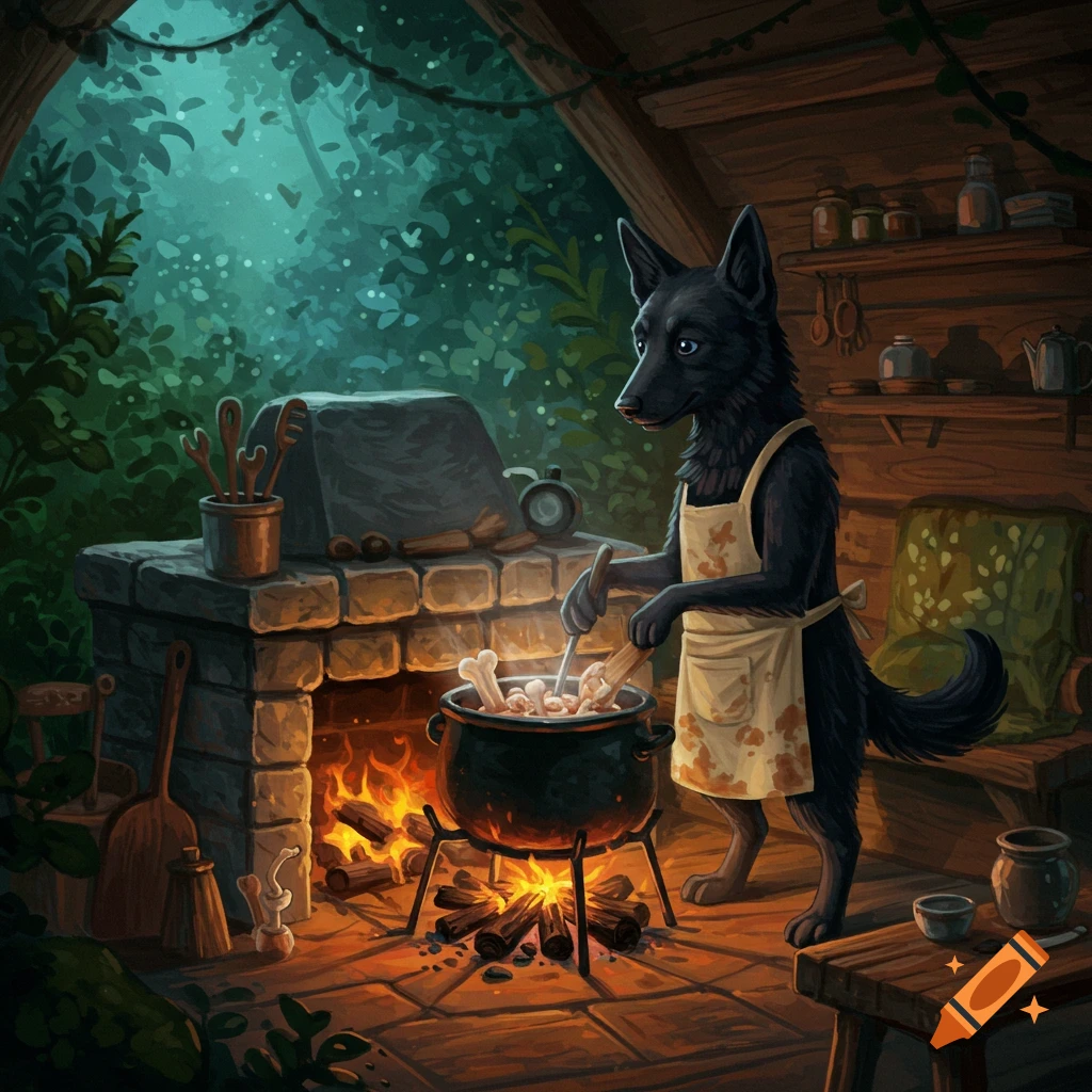A black dog wearing an apron stirs a pot of bones cooking over a fire in a rustic cabin.