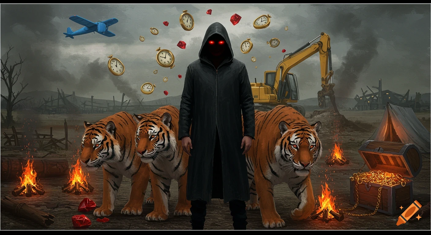 Hooded figure with glowing red eyes stands with tigers in a wasteland with floating melting clocks, treasure, and campfires.