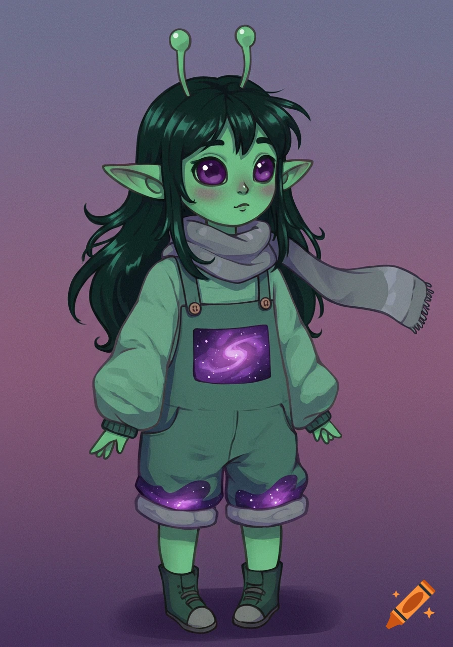 Illustration of a cute green alien girl wearing overalls with a galaxy print and a scarf.