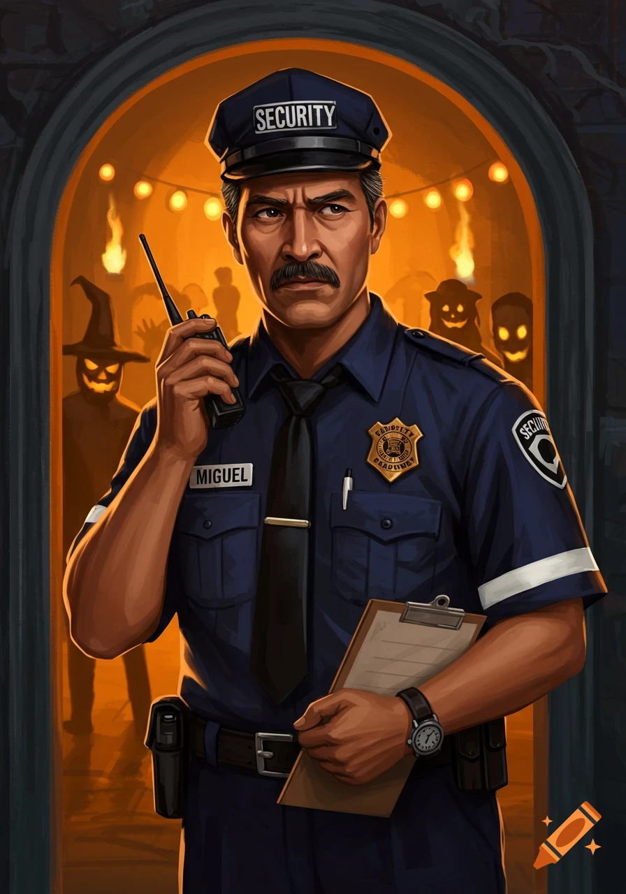 A security guard stands in an archway, holding a walkie-talkie, with spooky figures behind him at a Halloween party.