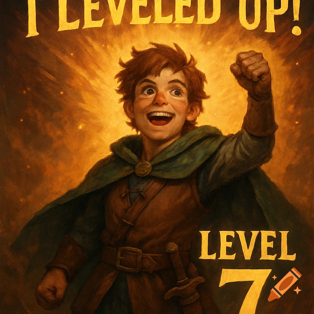 A cheerful fantasy character celebrates leveling up with text overlay.