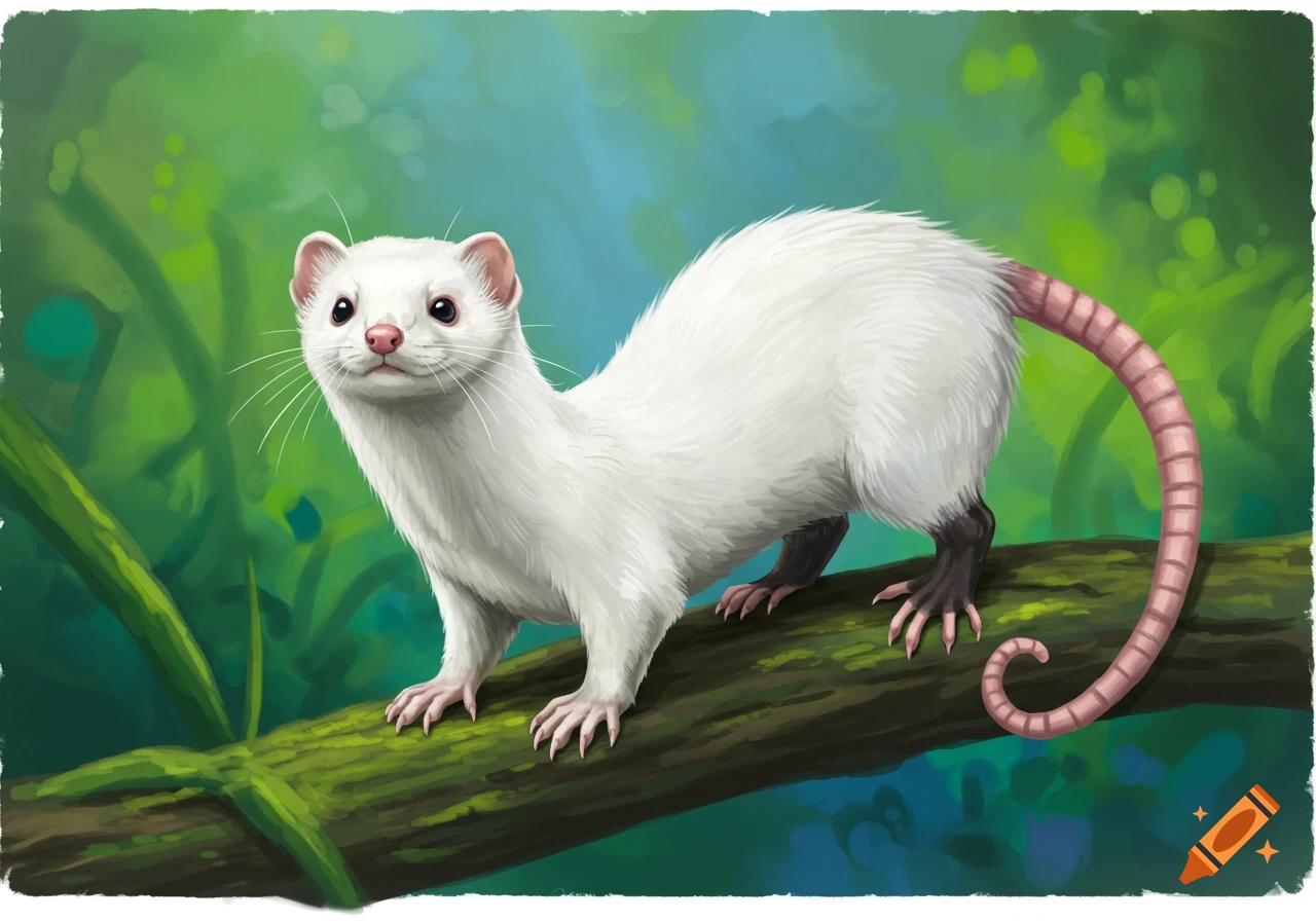 An albino fantasy creature with a weasel head, forelegs, rabbit hindlegs, and a long pink tail sits on a branch.
