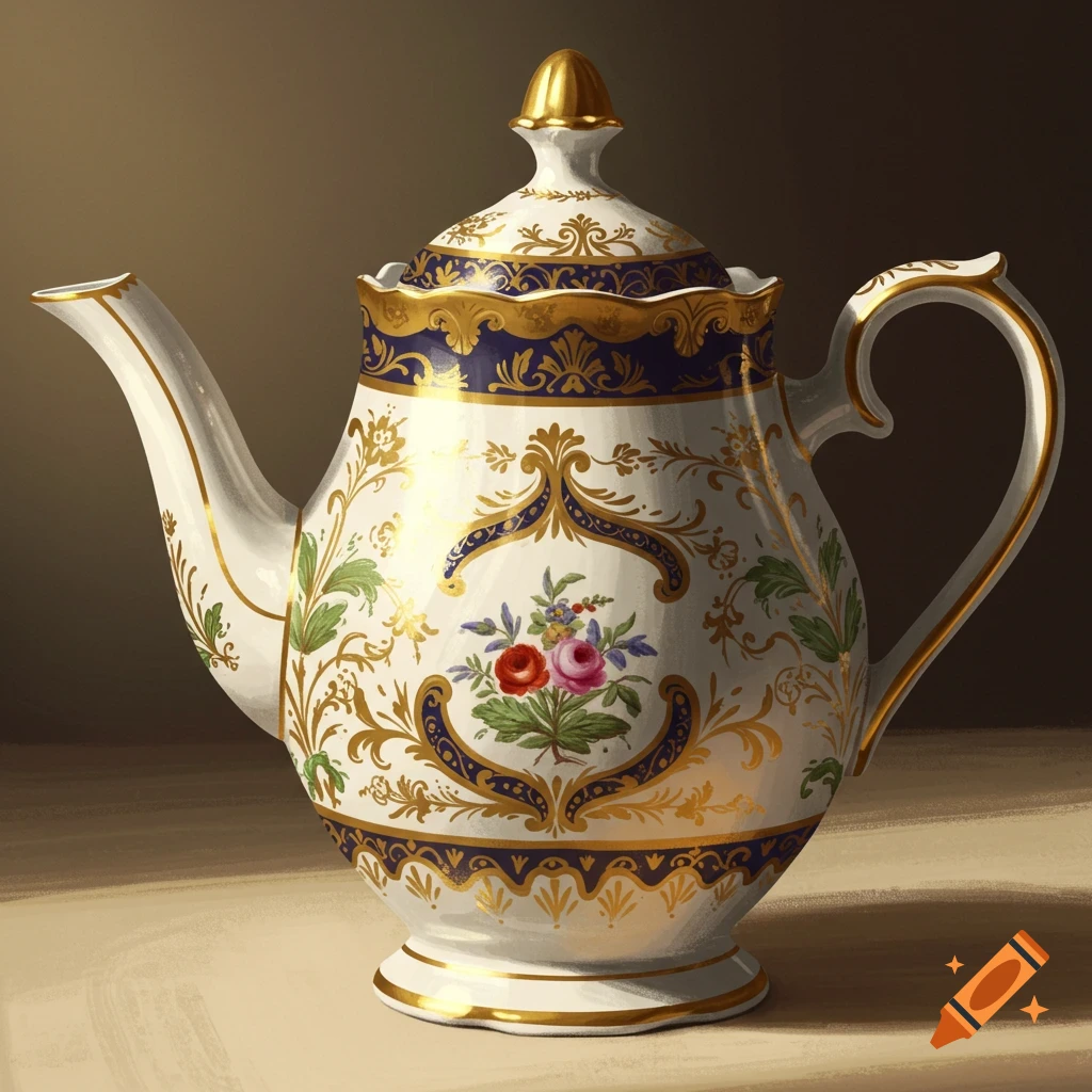 An ornate white teapot with blue and gold patterns and a small floral design.