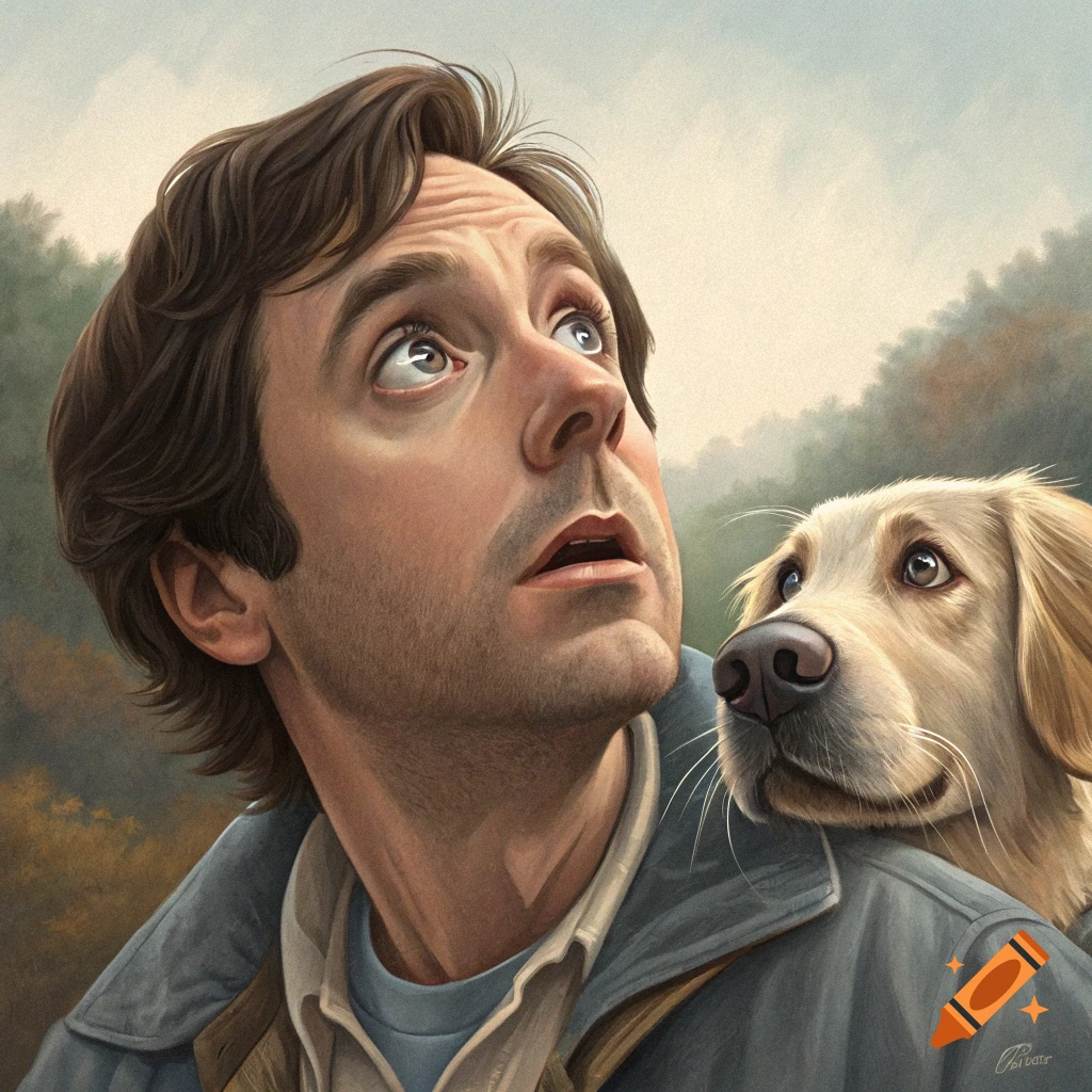Illustration of a man looking up with a Golden Retriever dog peeking over his shoulder, against an outdoor background.