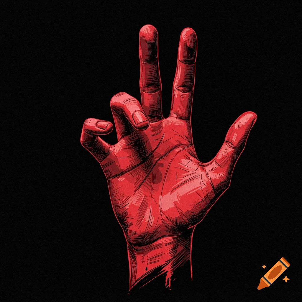Red illustrative hand with three fingers raised against black background.
