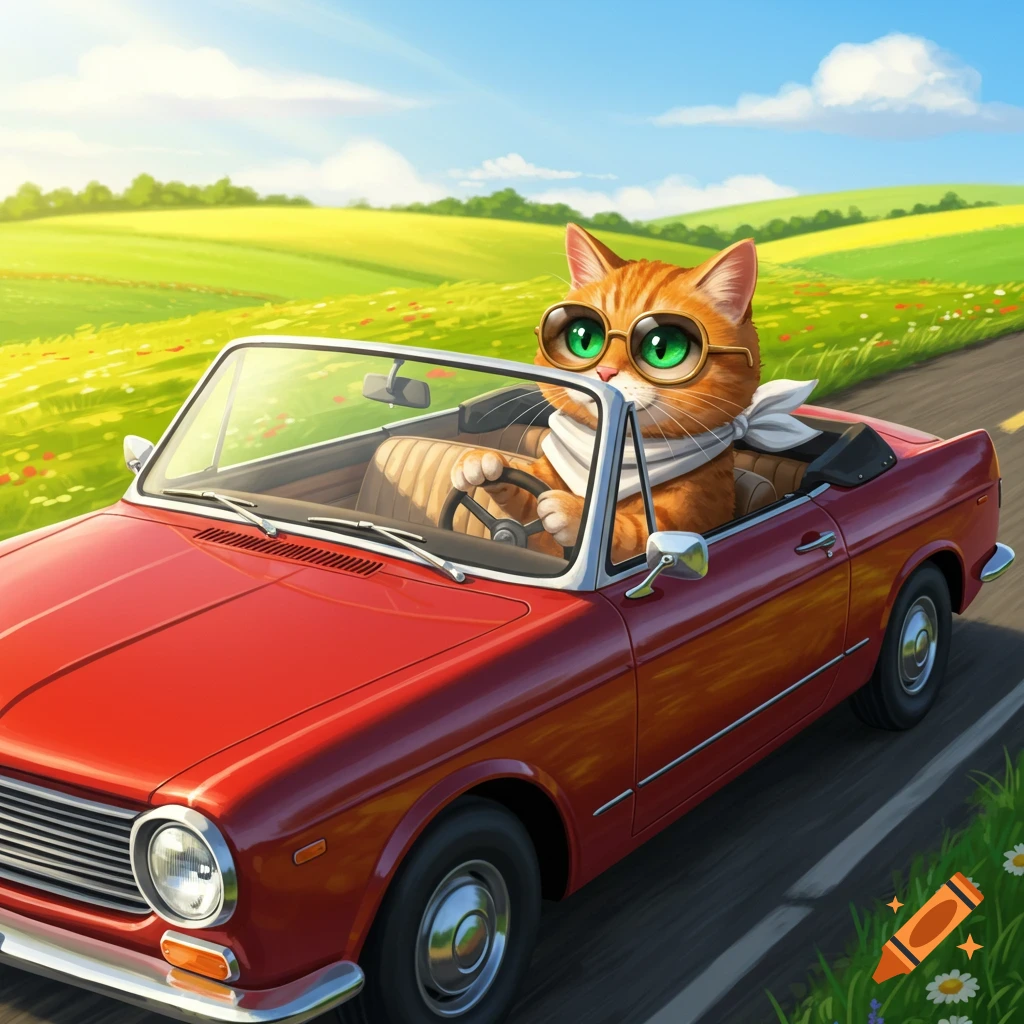 An orange cat in sunglasses and scarf drives a red convertible through a sunny green landscape.