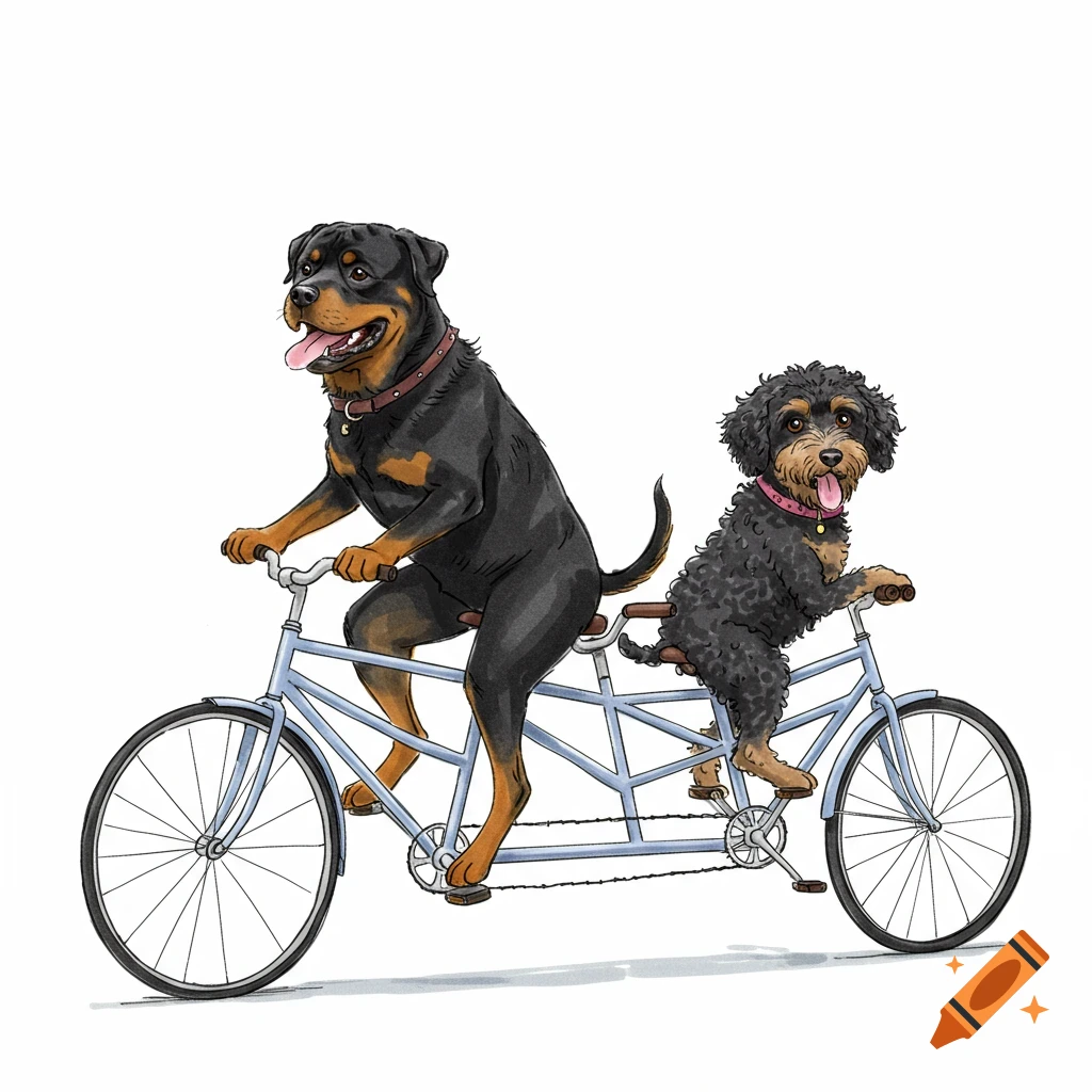 Illustration of a Rottweiler and a black and tan Labradoodle riding a tandem bicycle