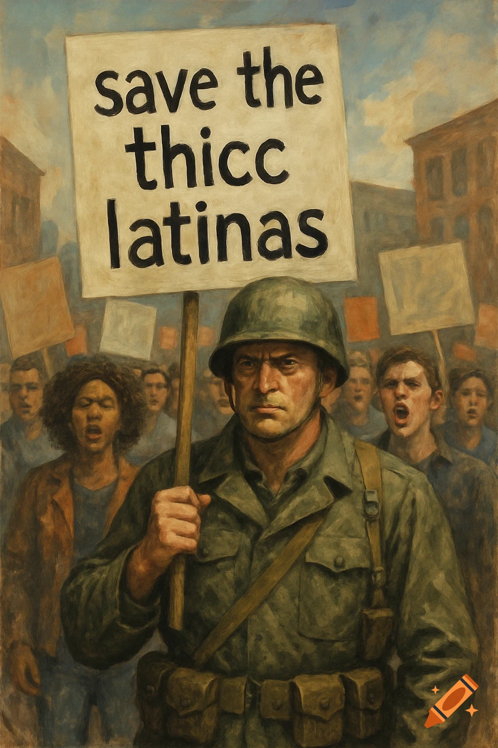 Painting of a soldier holding a 'save the thicc latinas' sign in a protesting crowd.