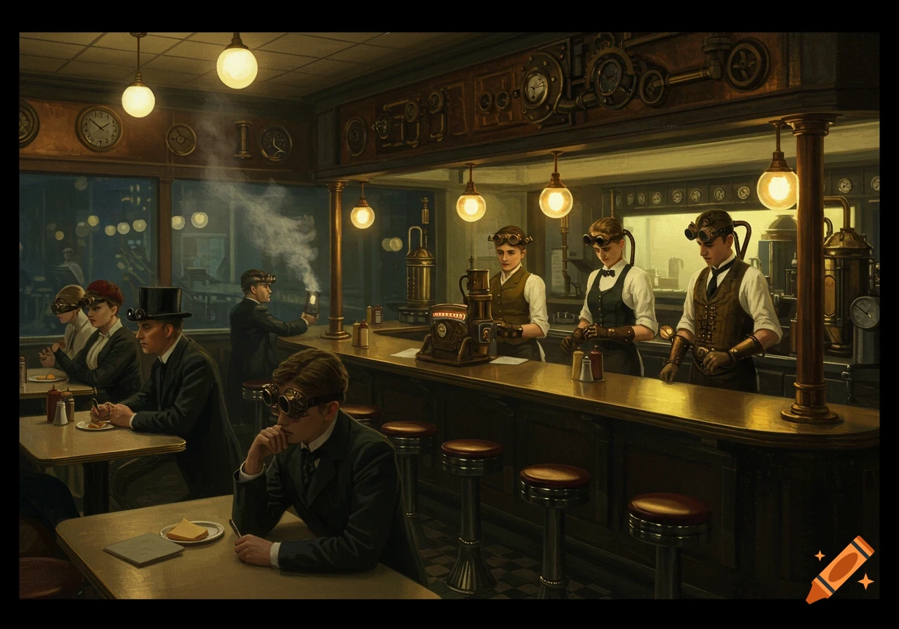 A steampunk diner scene inspired by Nighthawks, with people at tables and counter.