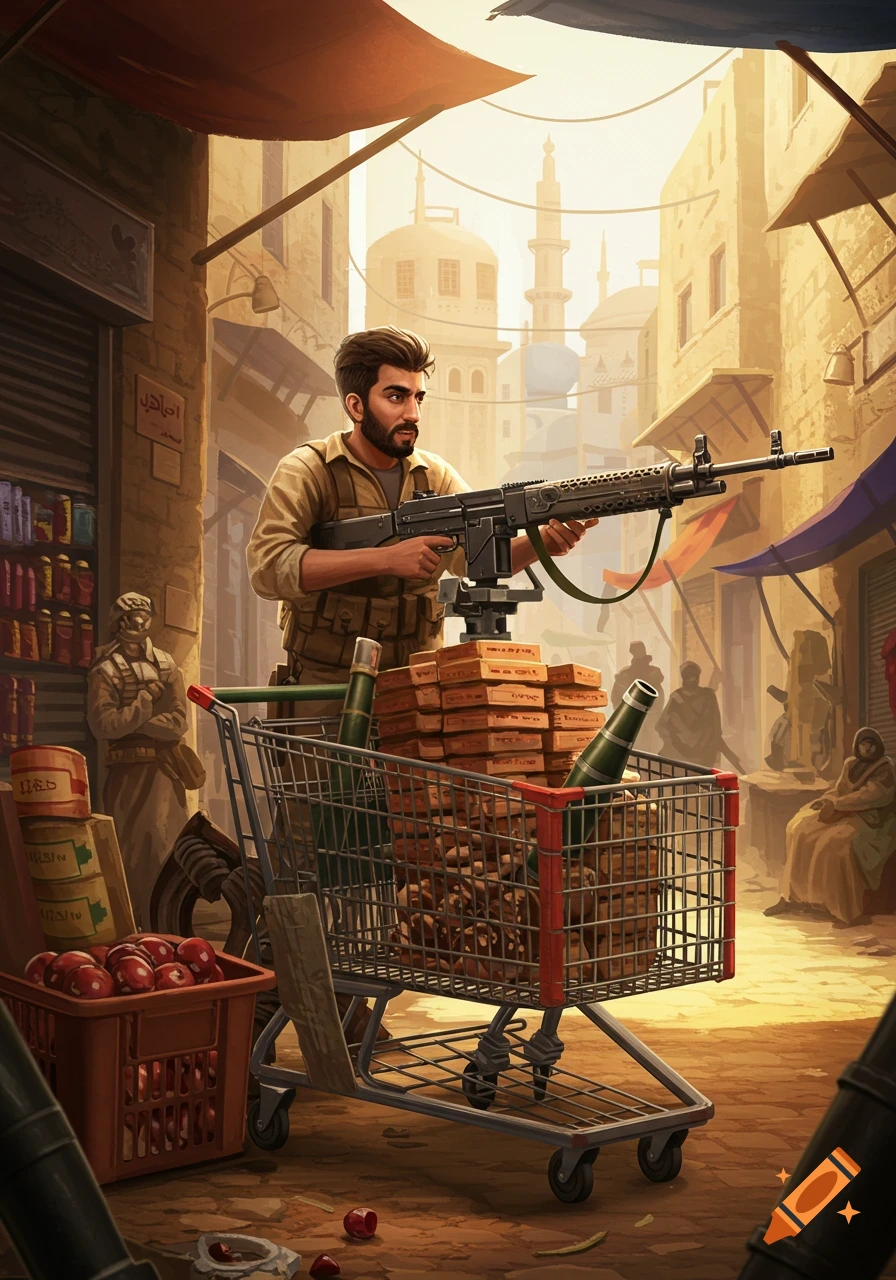 Digital painting of a man with a machine gun mounted on a shopping cart in a market street scene.