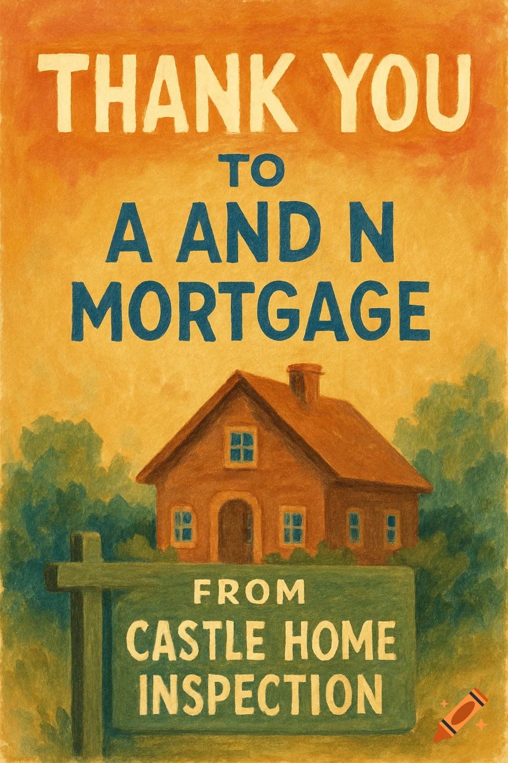 A painted poster advertising A and N Mortgage and Castle Home Inspection, featuring a house.