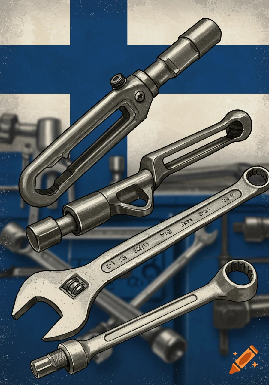 Detailed illustration of various wrenches and tools against a background resembling the Finnish flag.