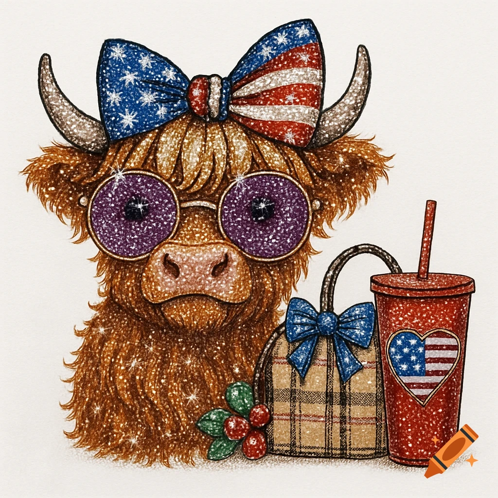 Sparkling Highland cow with sunglasses, patriotic bow, plaid bag, and tumbler.