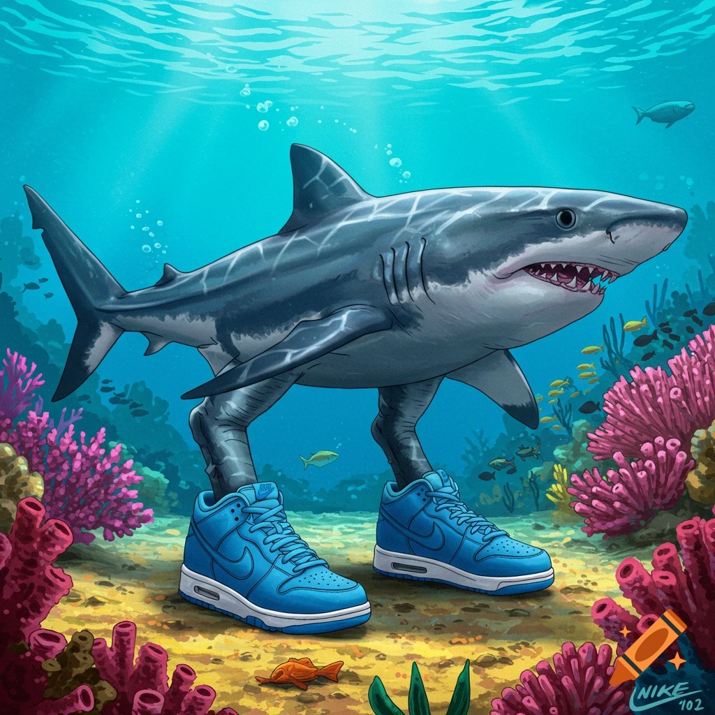 An illustration of a shark with human legs wearing blue shoes walks on the ocean floor.