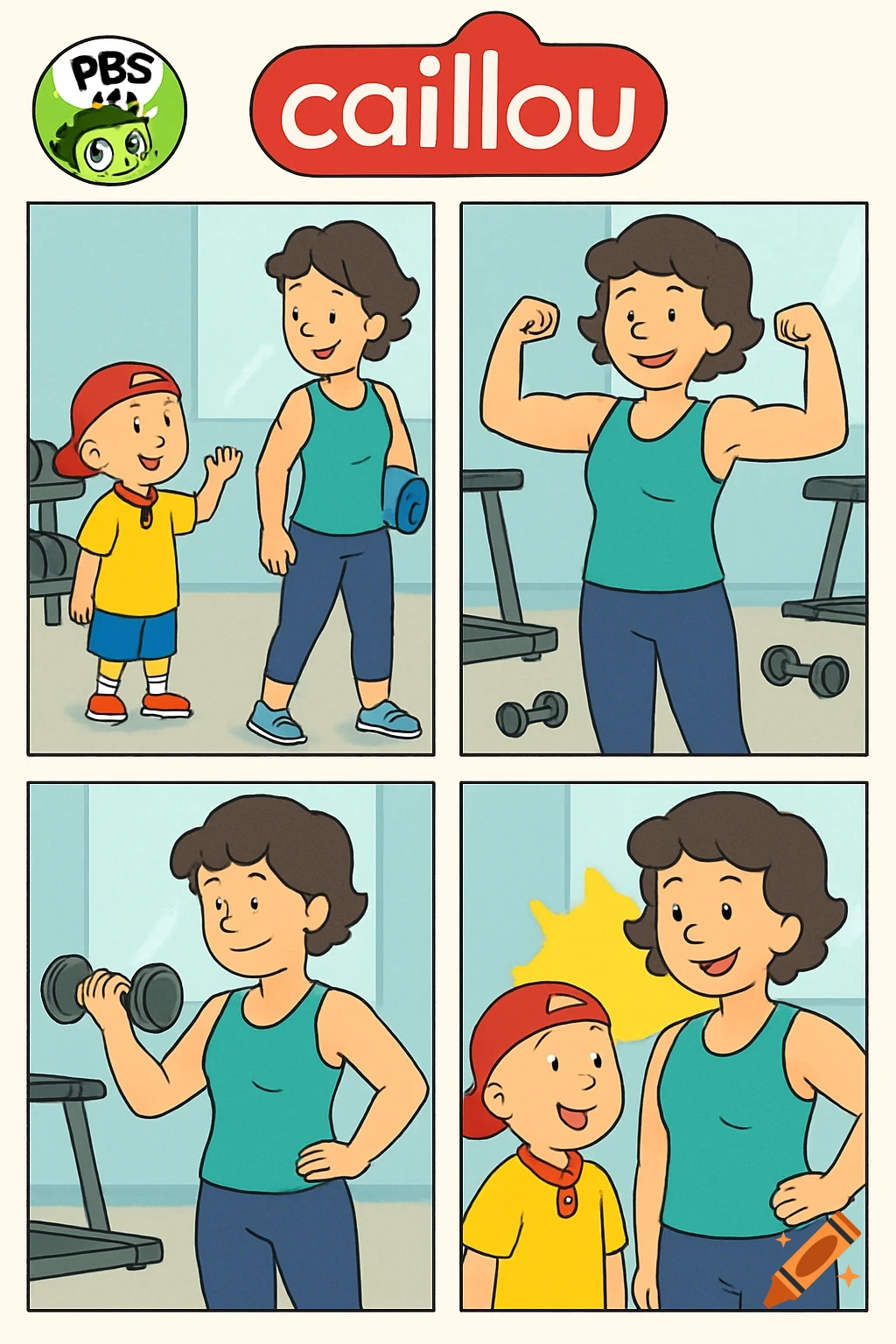 Cartoon comic strip of Caillou and his mom exercising at a gym, showing her lifting weights and flexing.