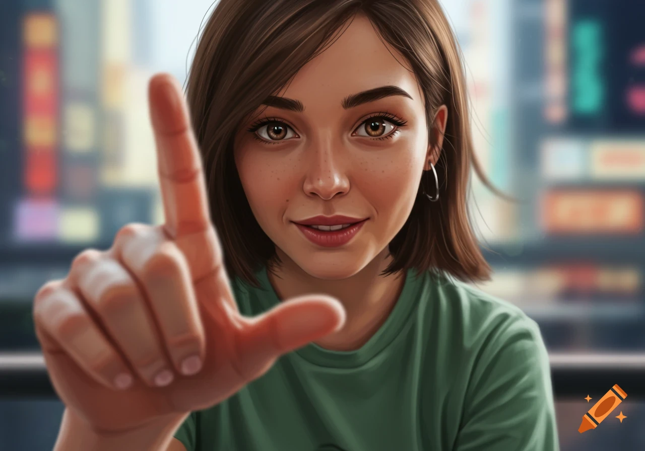 Close-up digital art portrait of young woman smiling, reaching hand forward, blurred city background.