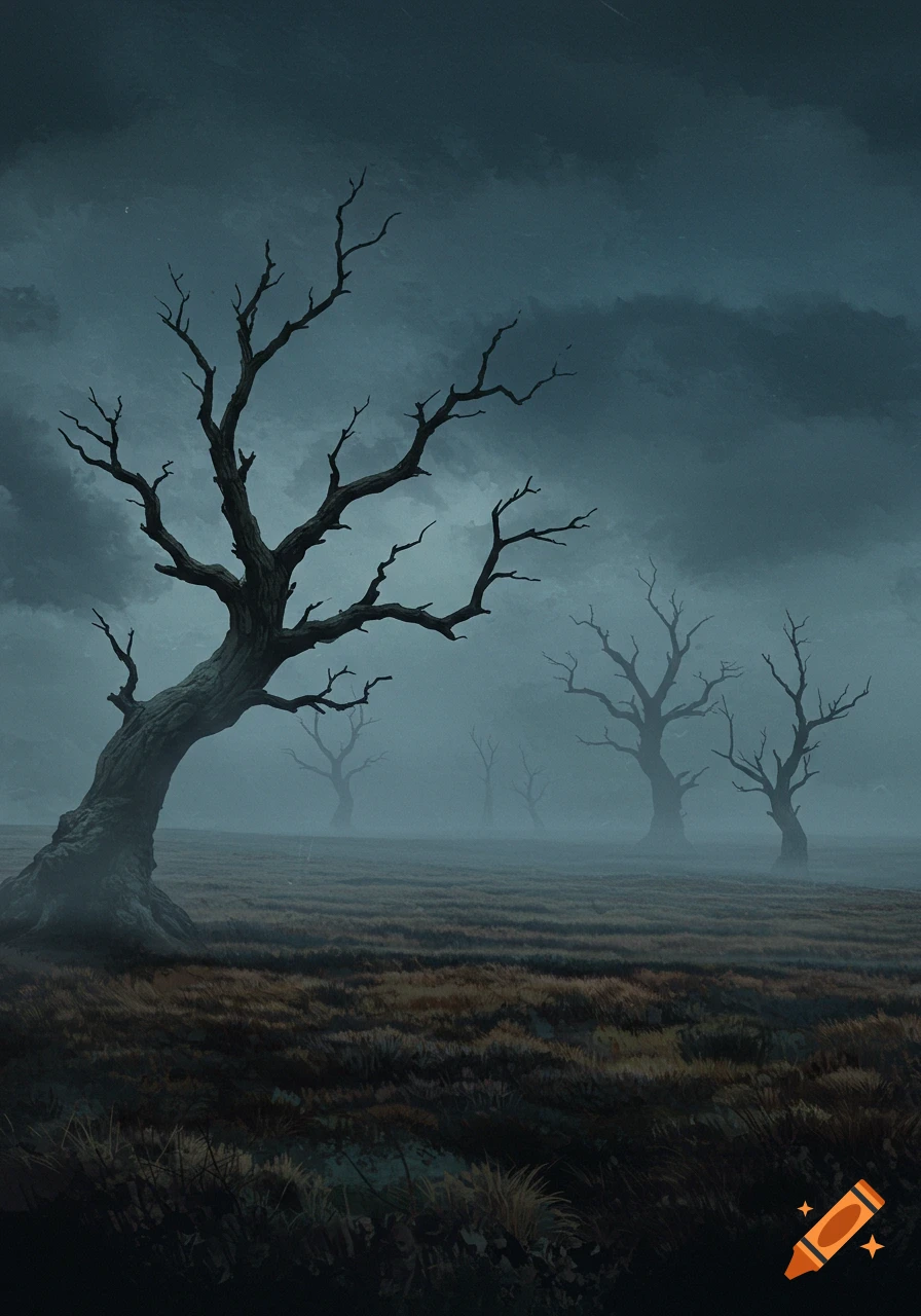 Bare trees in a dark, foggy landscape under a cloudy sky with rain streaks.