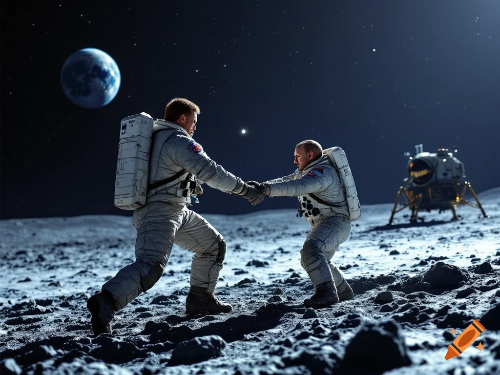 Two astronauts hold hands on the moon with Earth and a lunar lander in the background.