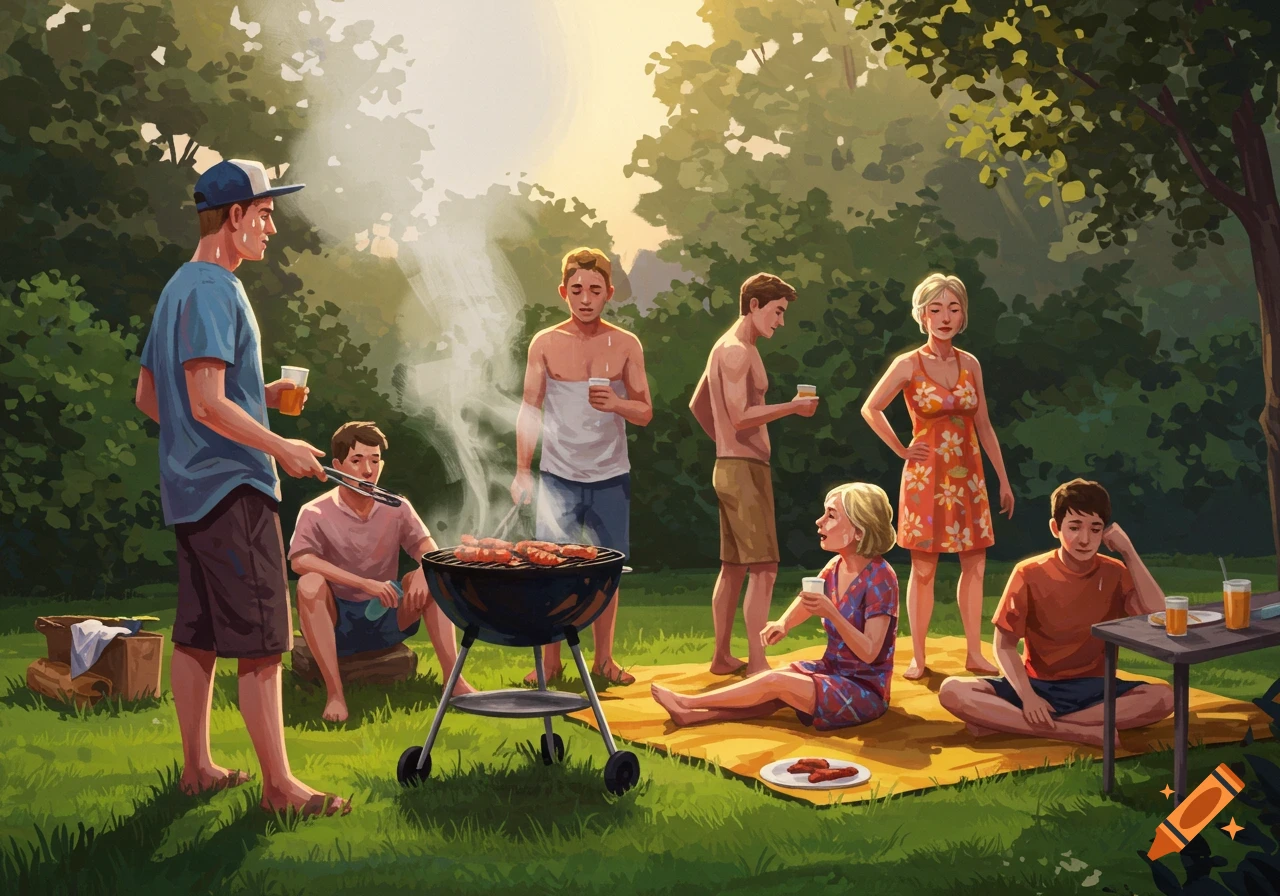 Group of people gather for a summer barbecue in a park, painterly style.