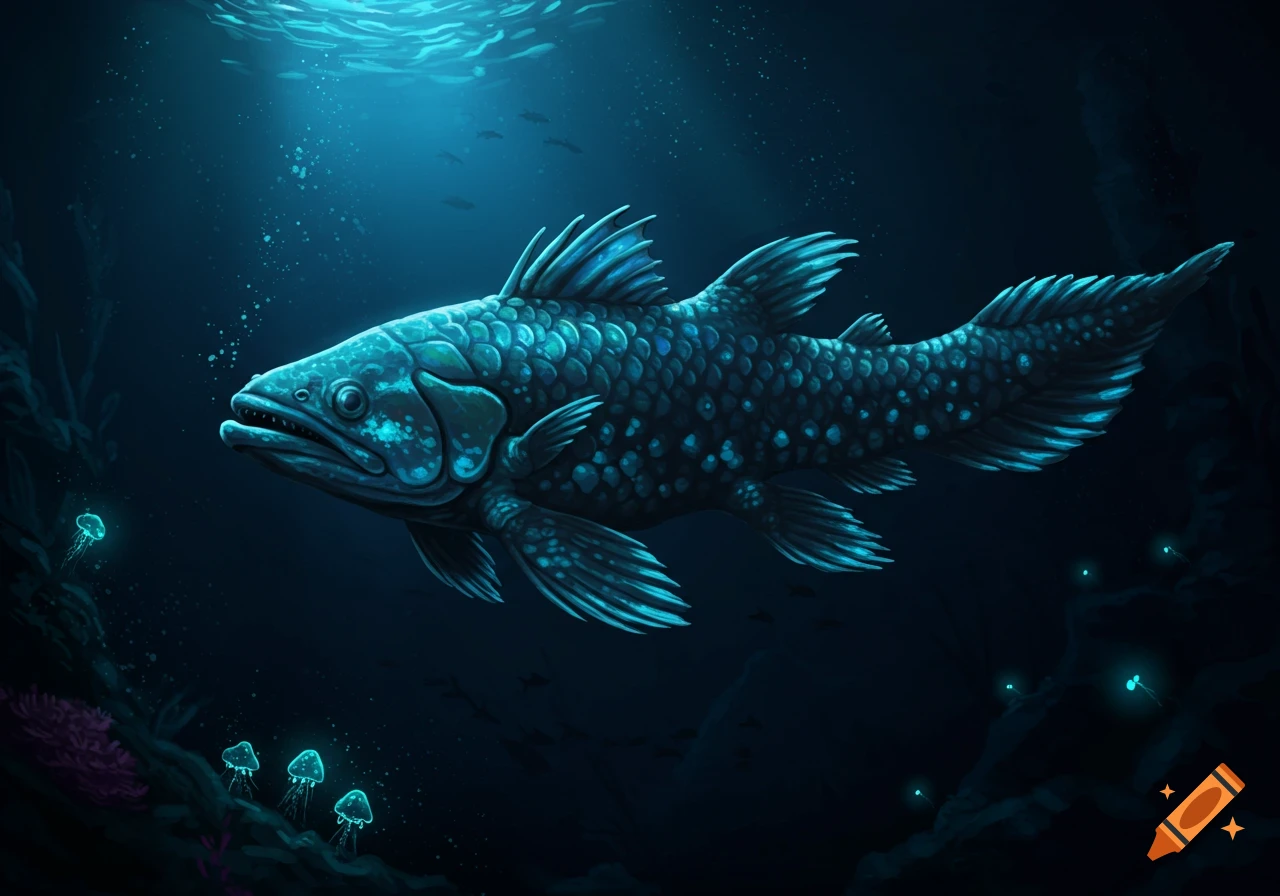 Stylized illustration of a Coelacanth fish swimming in deep blue water with glowing jellyfish