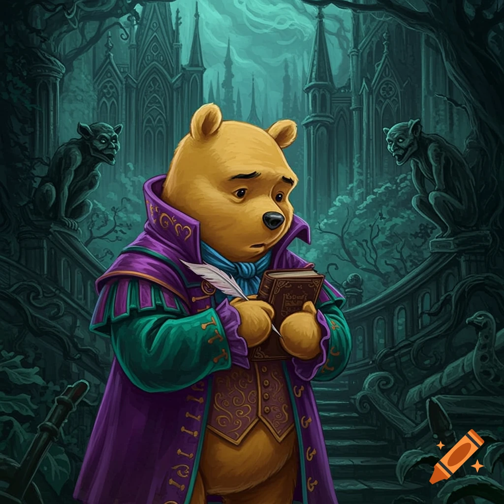 Winnie the Pooh in gothic attire holds a book and quill in a dark, gothic setting with a castle.