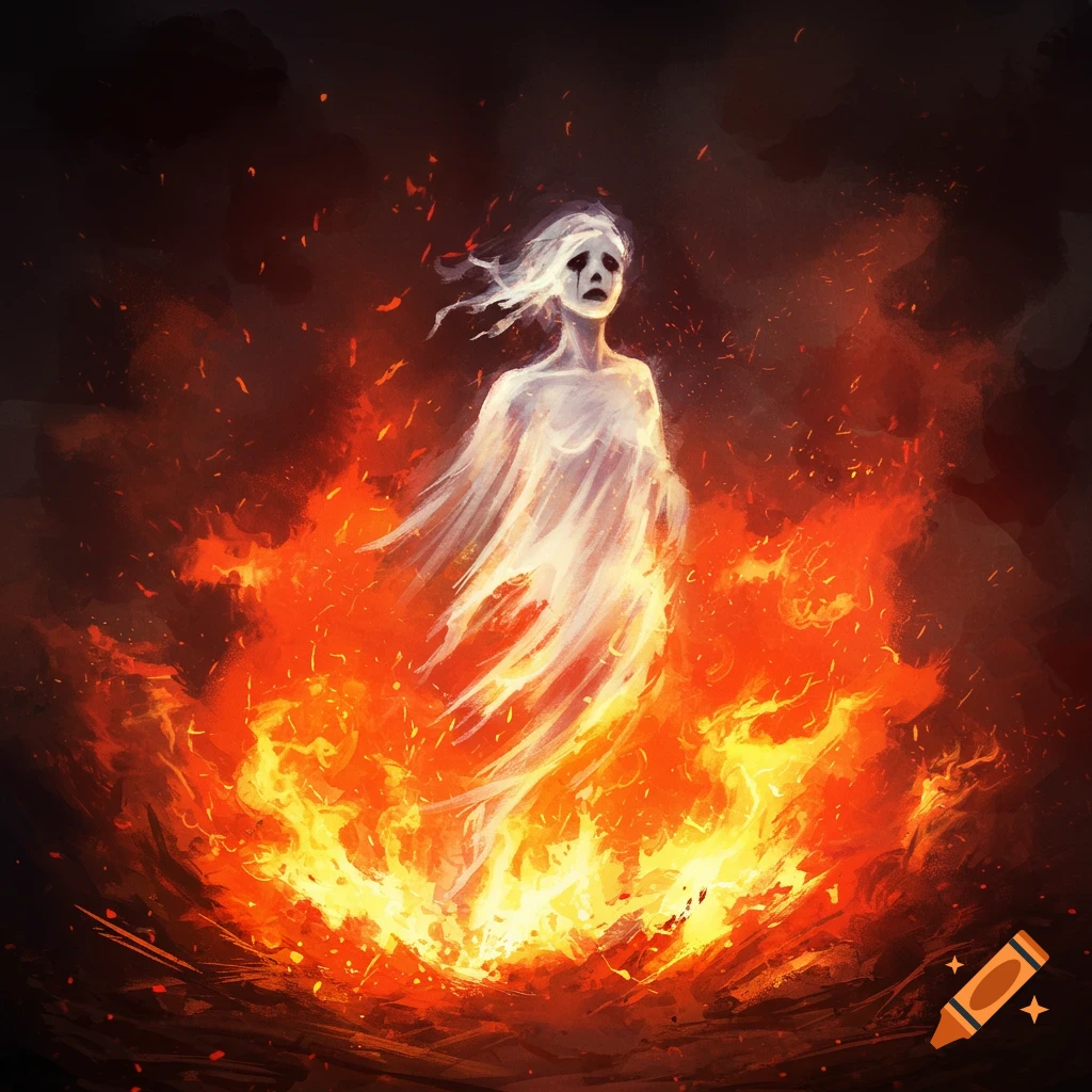 Stylized illustration of a ghostly figure emerging from flames.