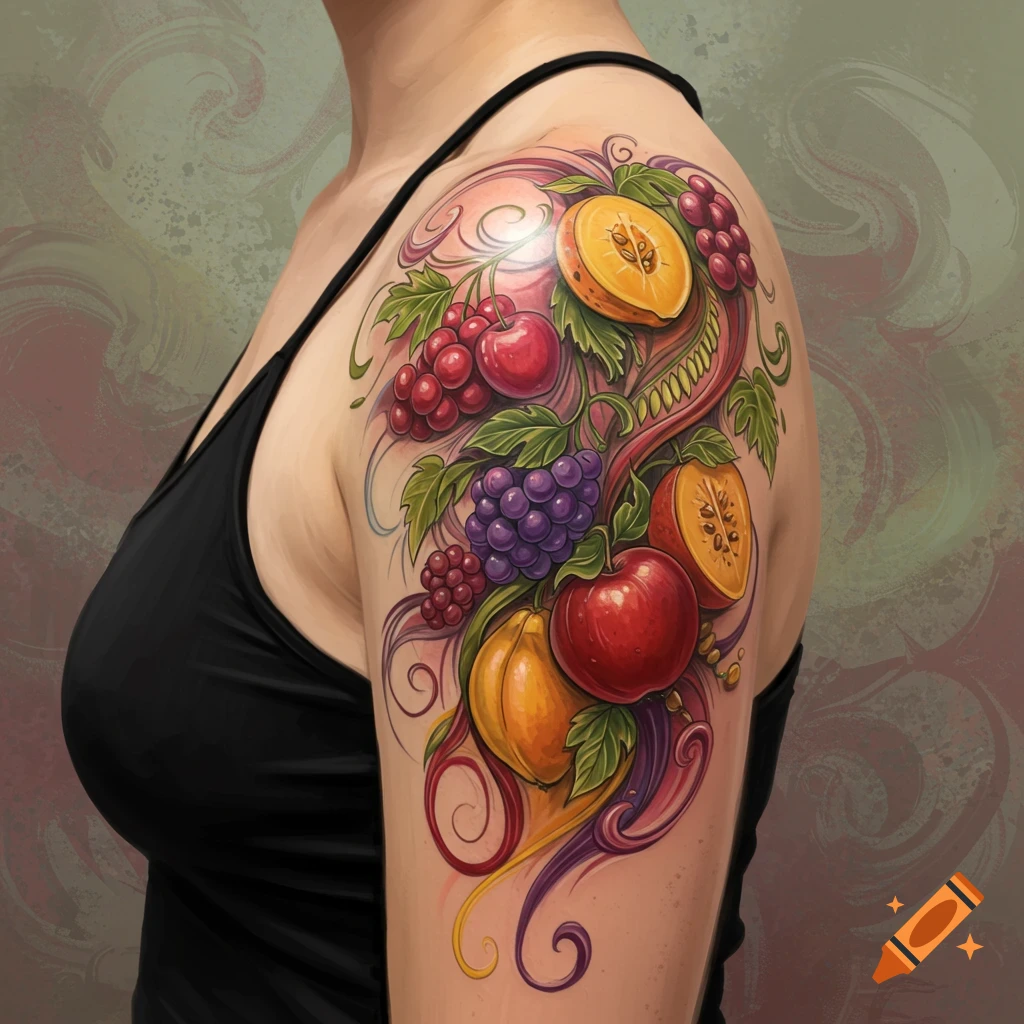 A colorful, detailed fruit tattoo with grapes, apples, and peaches on a person's shoulder.