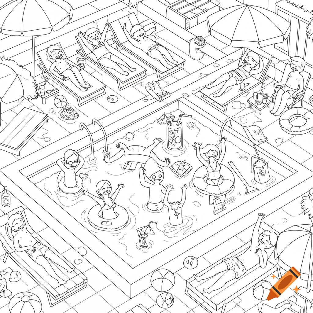 A black and white outline drawing of a pool party with people swimming and sunbathing.