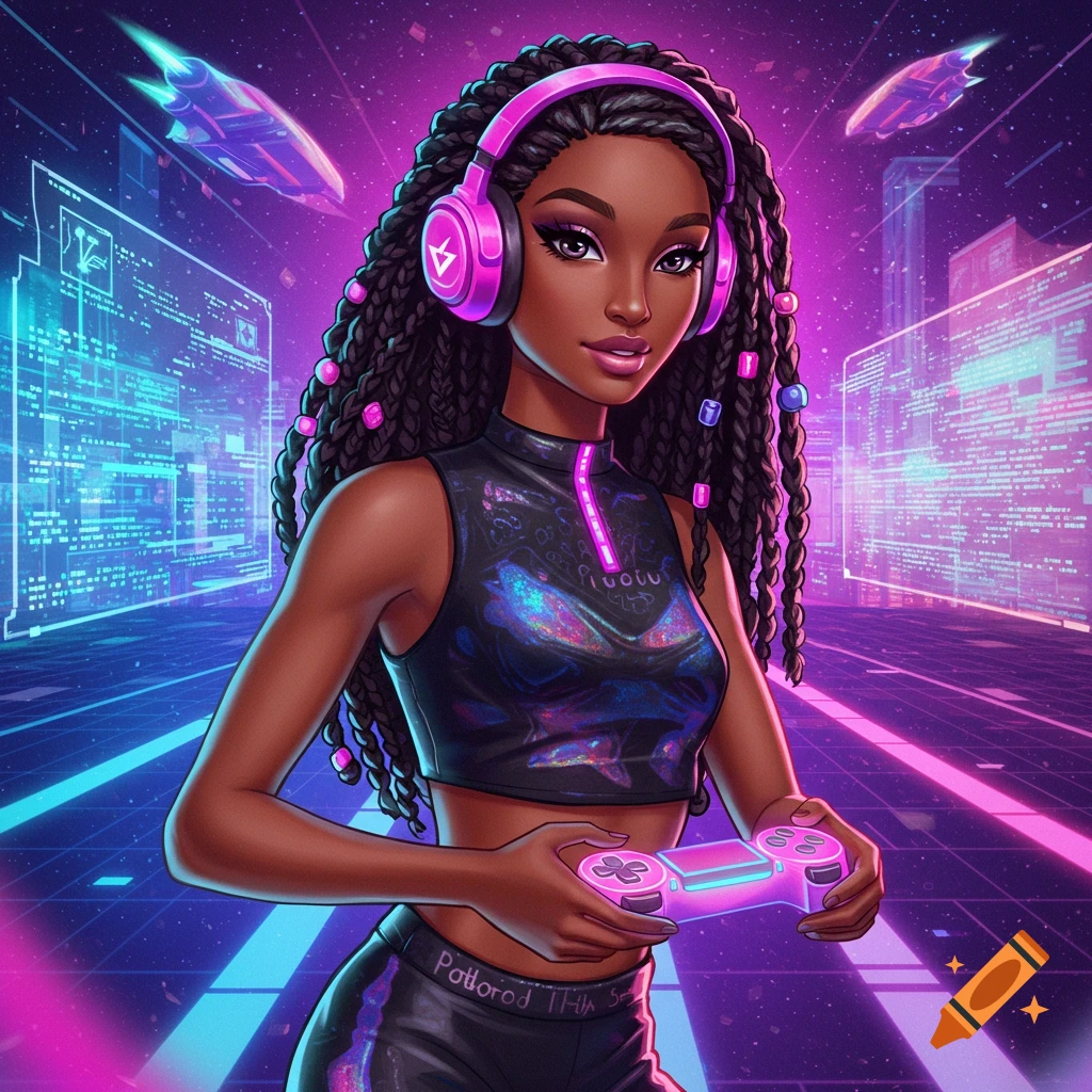 Young Black woman with headphones and game controller in neon cyberpunk city.