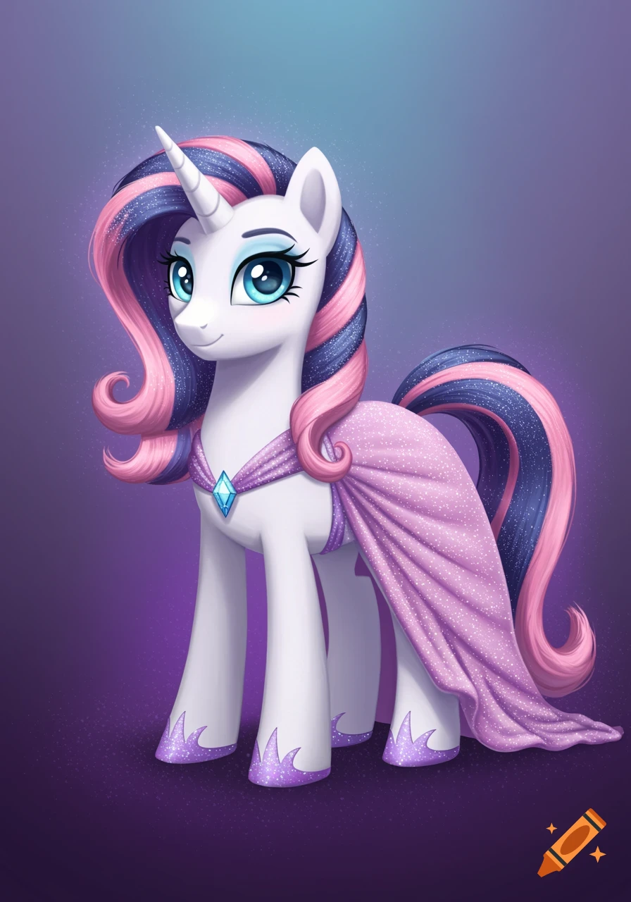 A white unicorn with pink and blue hair and a sparkly pink dress stands against a purple background.
