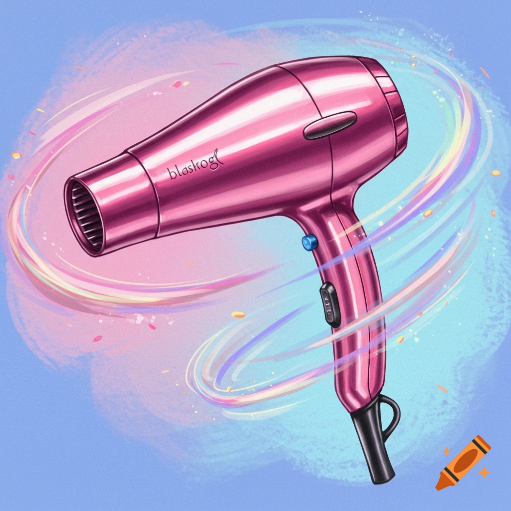 Illustration of a pink hairdryer with colorful swirls