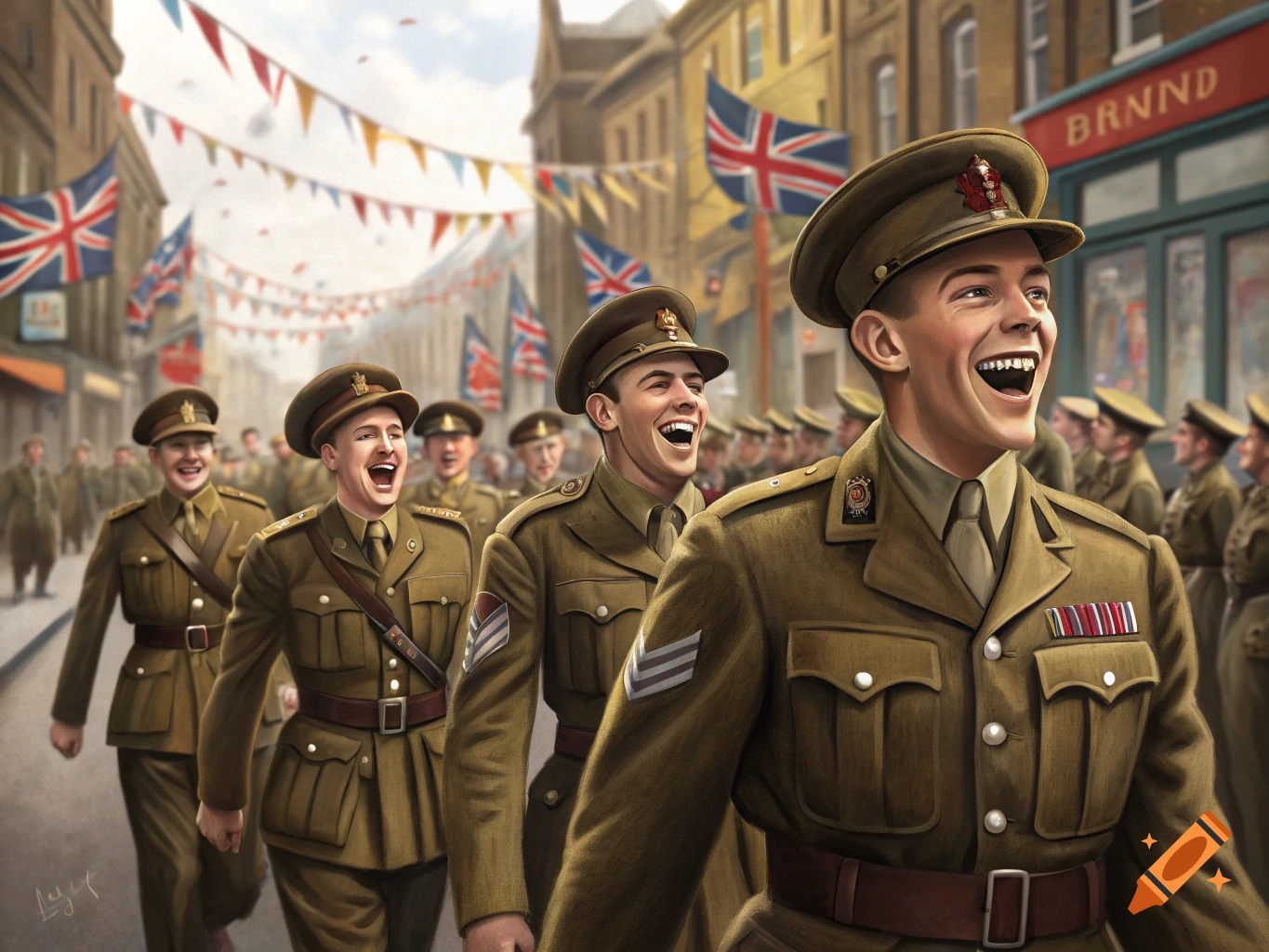 Illustration of soldiers in WW2-era uniforms laughing and marching in a street parade with British flags.