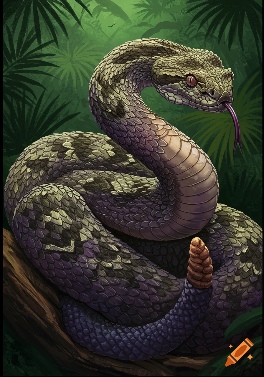 An illustration of a large snake coiled on a branch in a lush jungle.