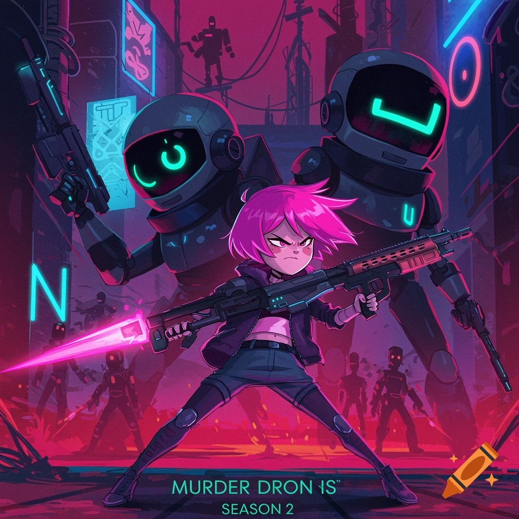 Anime girl with pink hair holds a rifle with two large robots behind her in a sci-fi city, stylized illustration.