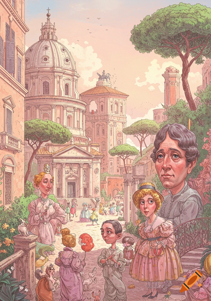 Cartoon illustration of people in period clothing in a Rome city scene.