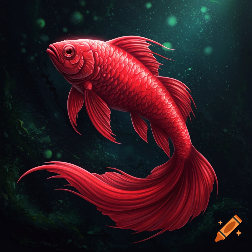 A bright red fish with a flowing tail swims in dark water.