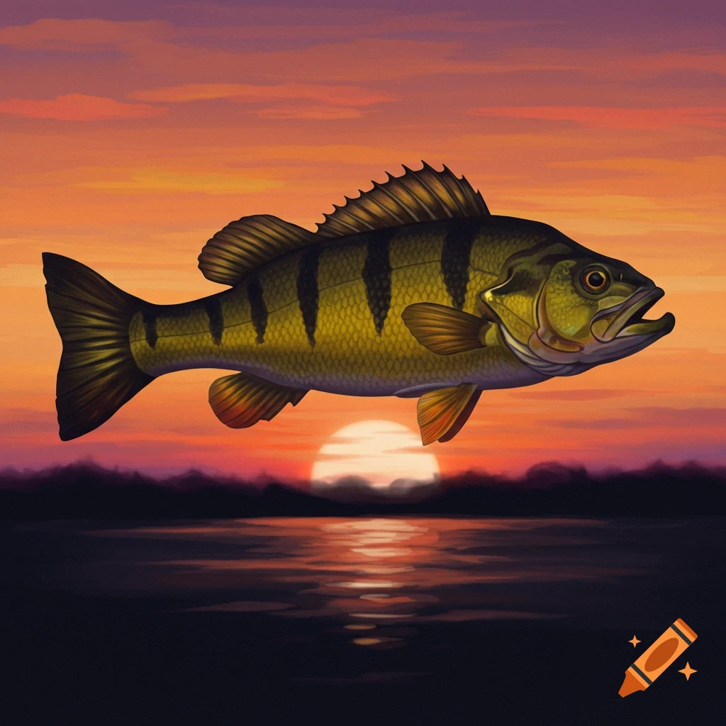 An illustration of a yellow perch swimming above water at sunset.