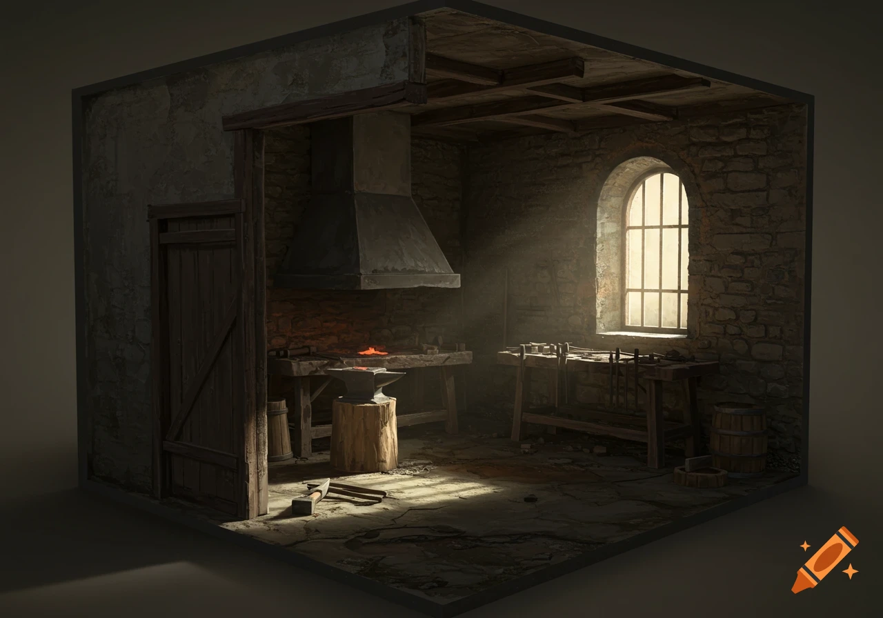 Isometric view of an empty medieval blacksmith's shop with an anvil, forge, window, and door frame.