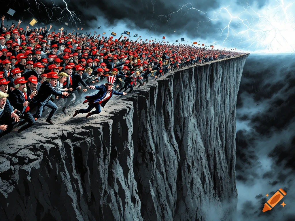 A large crowd in red hats charges off a cliff edge while dragging a struggling Uncle Sam in a stormy political illustration.
