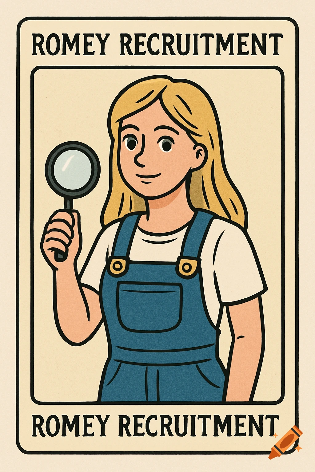 Cartoon illustration of a young woman in overalls holding a magnifying glass, framed like a playing card with text.