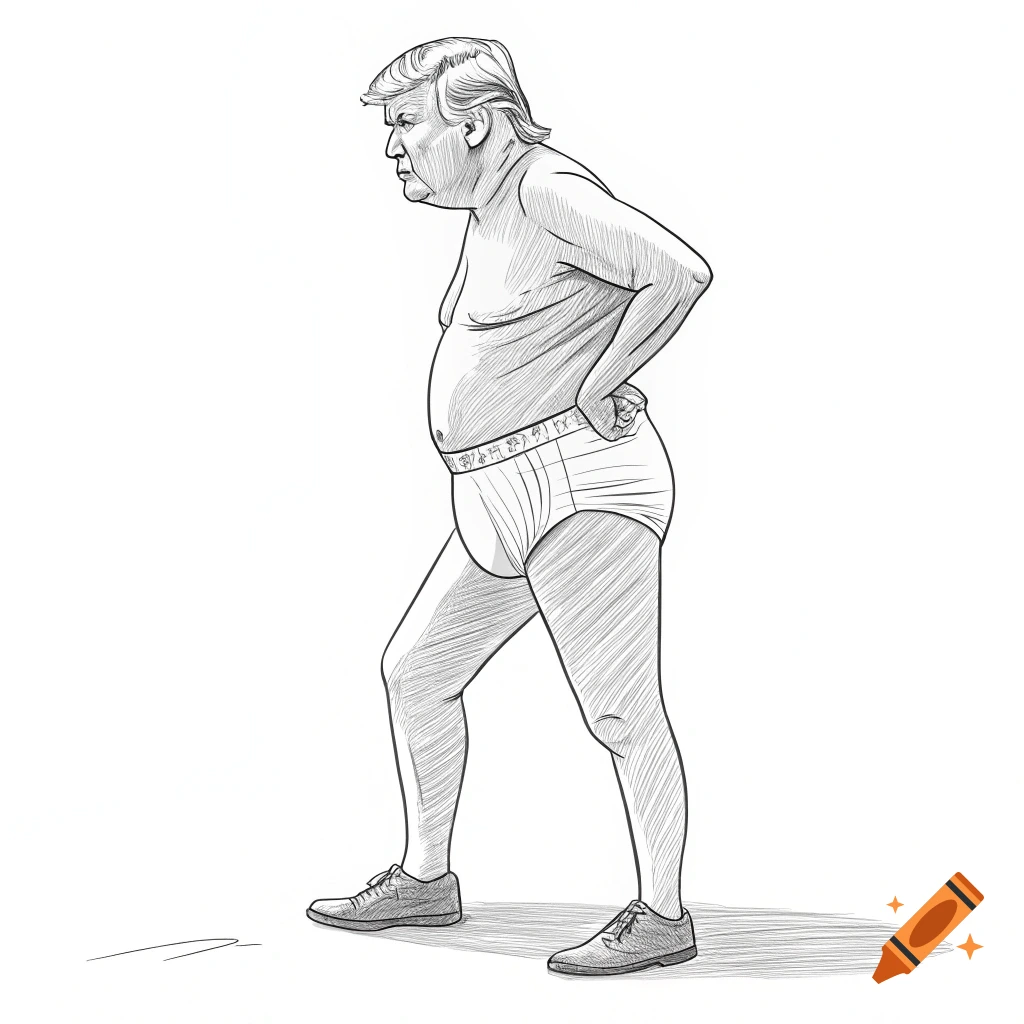 Line drawing caricature of Donald Trump in underwear