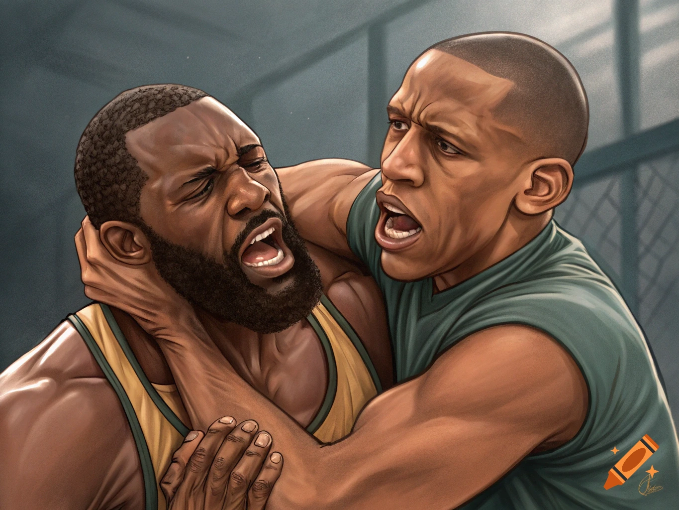 Illustration of two men grappling intensely