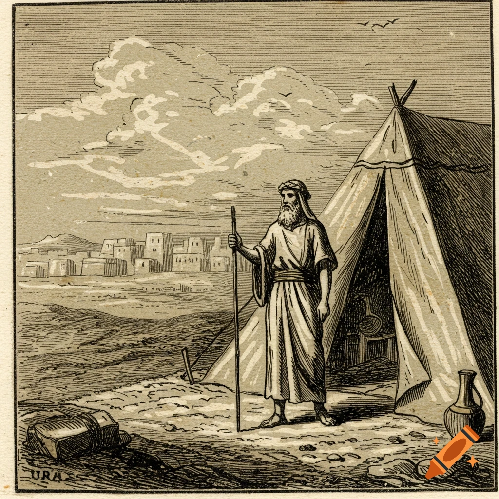 An engraving of a bearded man in robes standing outside a tent in a desert landscape.