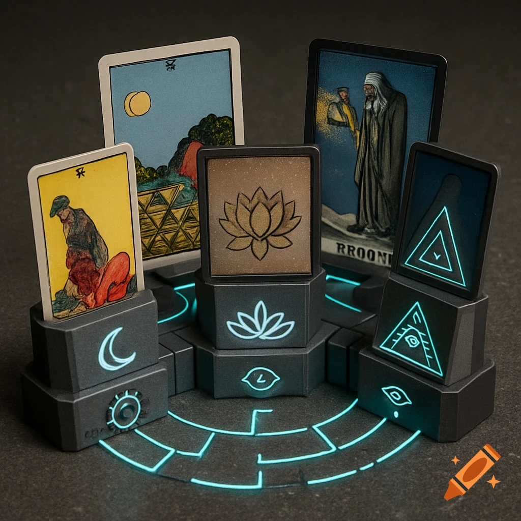 Modular 3D printed card holders with glowing symbols arranged in a circle, each holding a tarot card.