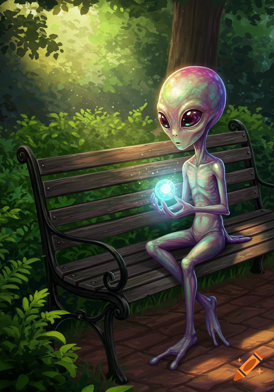 An illustrative image of an alien sitting on a park bench in a sunlit park, holding a glowing blue orb.