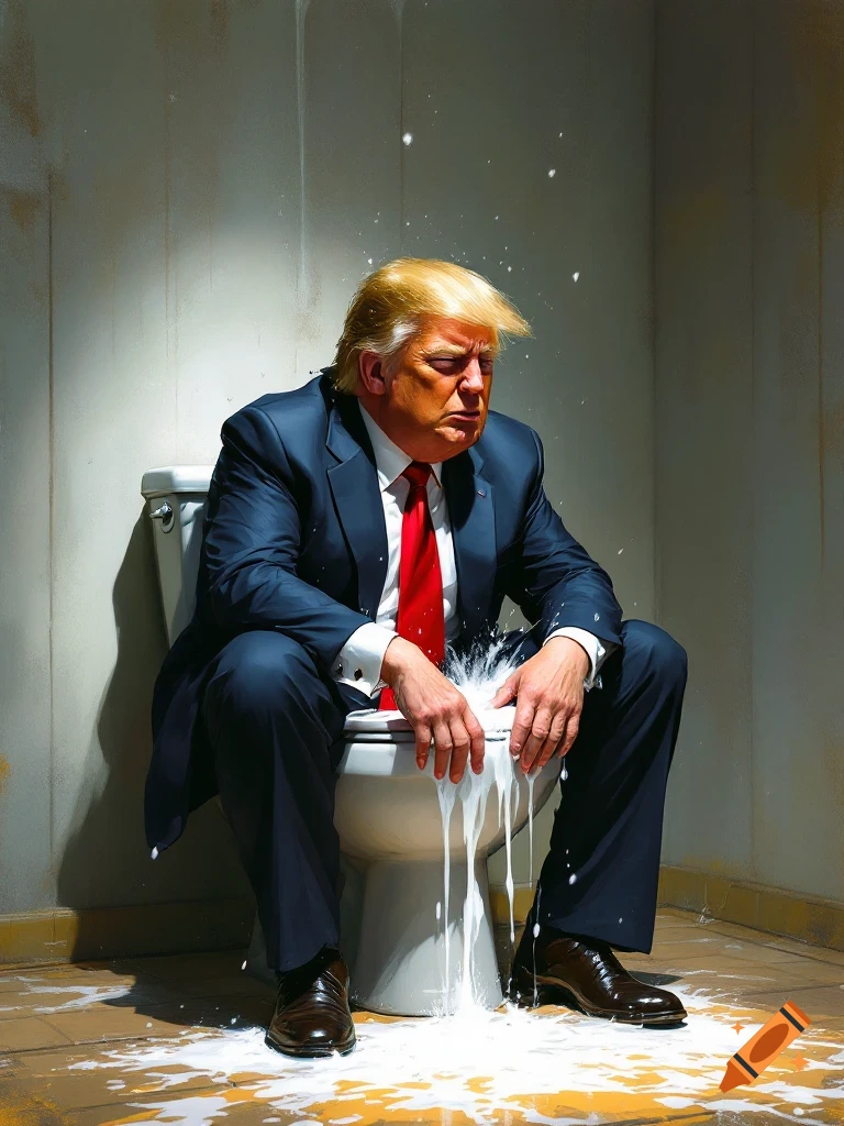 Donald Trump sits on a toilet with white liquid splashing around him on ...