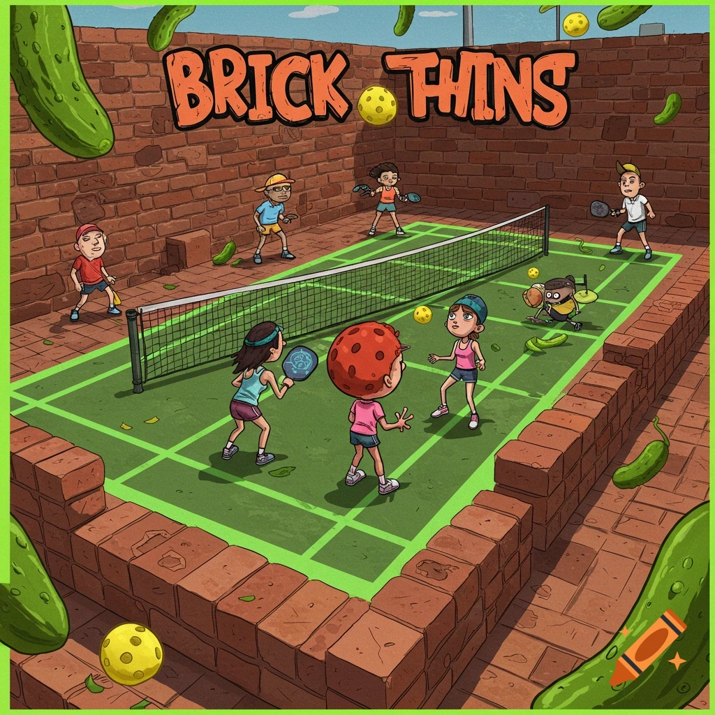 A cartoon depicts people playing pickleball on a brick court with large pickles surrounding them.